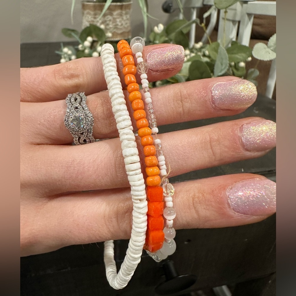 Vibrant Orange and White Beaded Bracelet Set